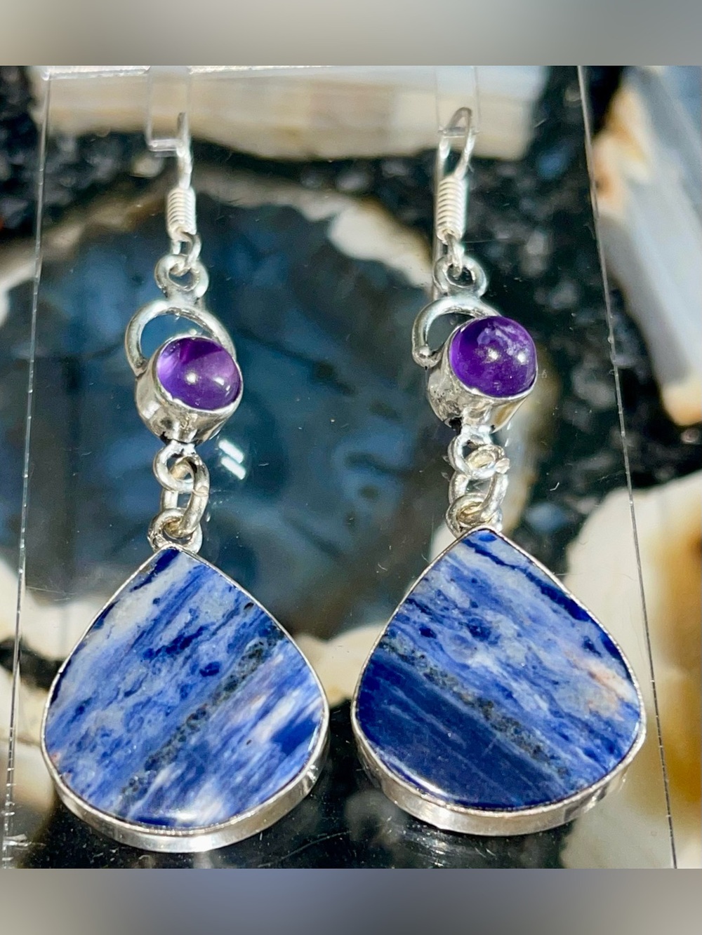 Navy Sodalite & Amethyst Crystal Earrings 2 1/4”